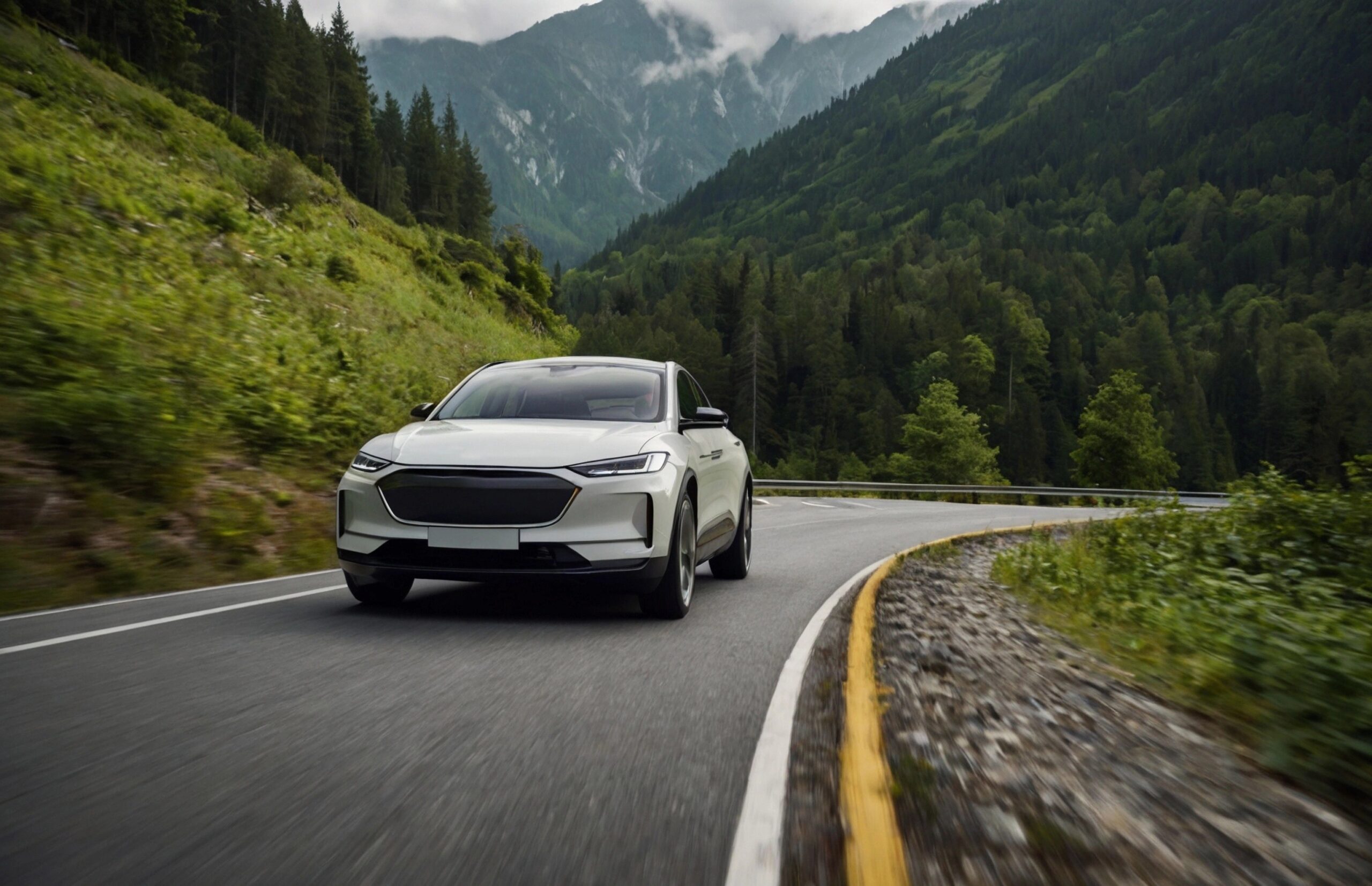 An image of an Electric Car Driving in the Mountains